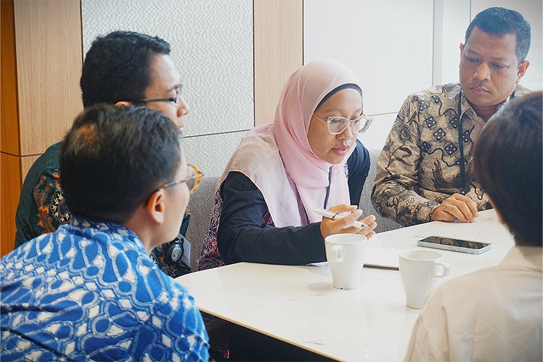 Students discussing around a table